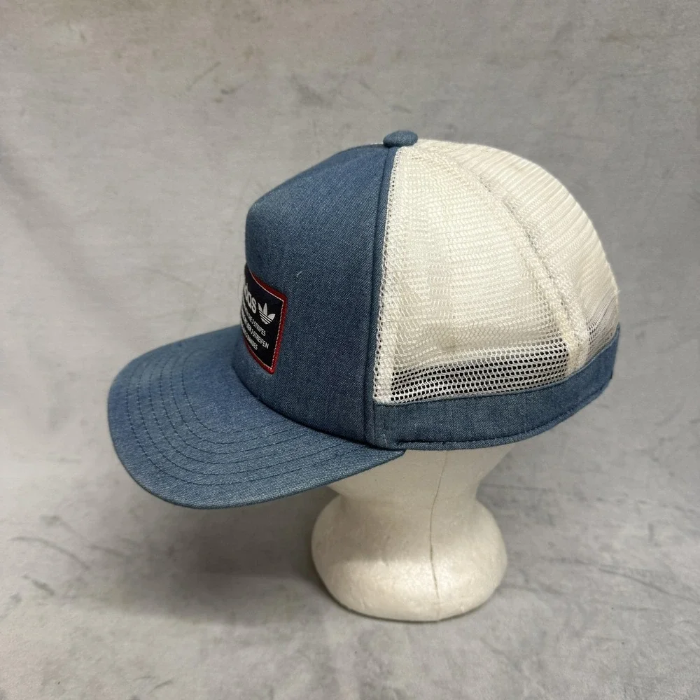 Adidas Hat Cap Snap Back One Size Blue‎ Denim Trefoil Patch Mesh Trucker Mens